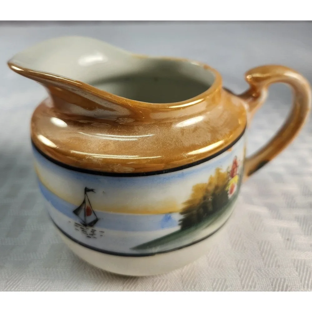 Vtg Hand Painted Pagoda Boat Lake Teapot Set Cream & Sugar Japan Luster 1915